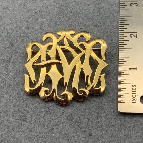 C M Lient Monogram Brooch Pin As Is Scrollwork Gold Shiny Initials - Picture 6 of 6